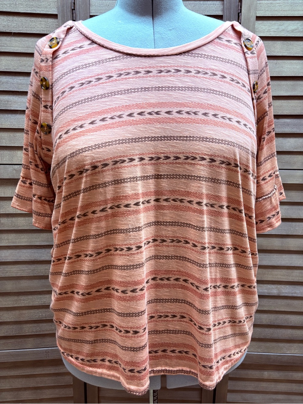 Button-Accent Peach Striped Short-Sleeve Top